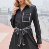 Belted Shirt Mini Dress Long Sleeve Contrast Stitch