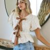 Romantic Babydoll Blouse With Bow Tie Textured Puff